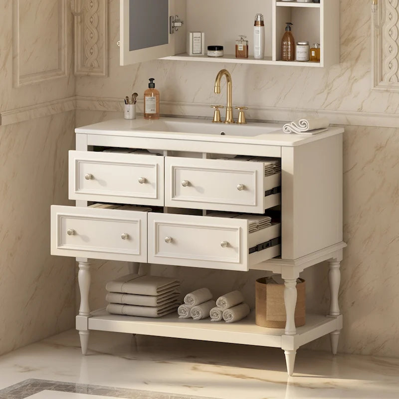 Meuble-lavabo autoportant de 36 po avec lavabo, 4 tiroirs, blanc/beige/noir