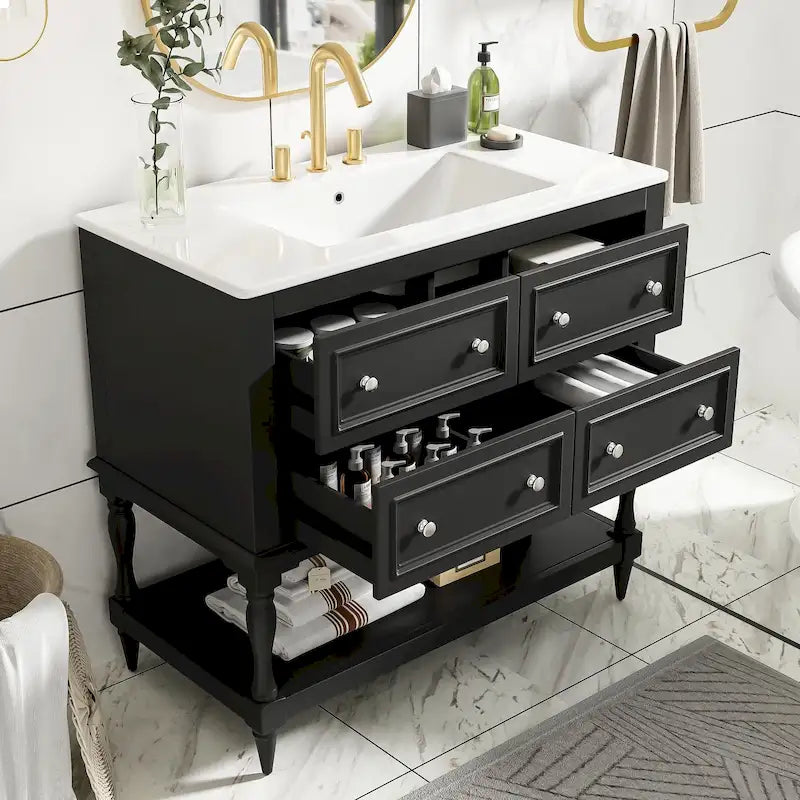 Meuble-lavabo autoportant de 36 po avec lavabo, 4 tiroirs, blanc/beige/noir