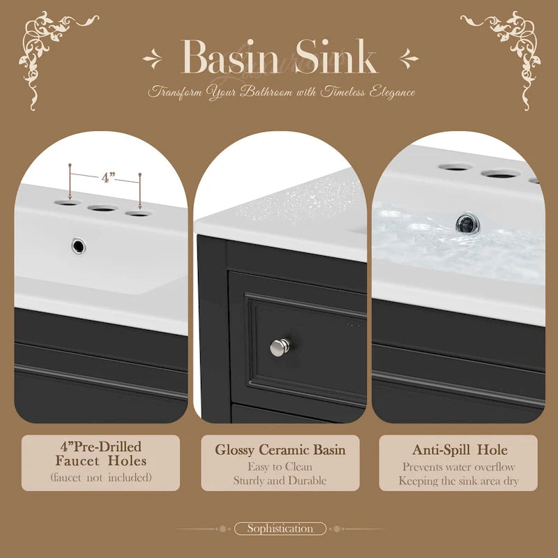 Meuble-lavabo autoportant de 36 po avec lavabo, 4 tiroirs, blanc/beige/noir