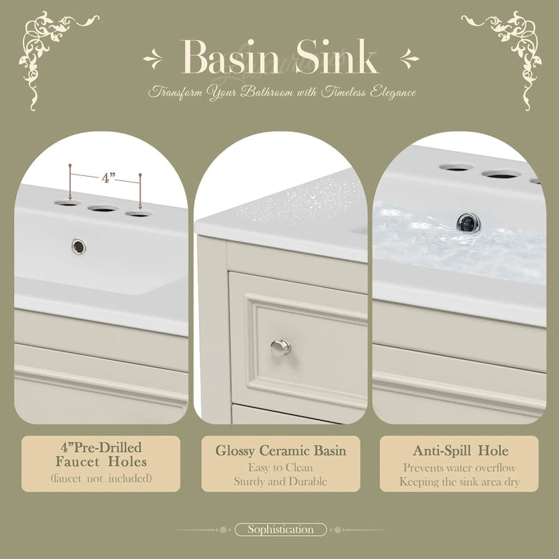 Meuble-lavabo autoportant de 36 po avec lavabo, 4 tiroirs, blanc/beige/noir