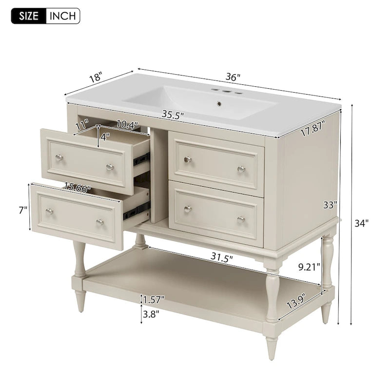 Meuble-lavabo autoportant de 36 po avec lavabo, 4 tiroirs, blanc/beige/noir