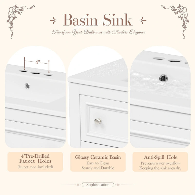 Meuble-lavabo autoportant de 36 po avec lavabo, 4 tiroirs, blanc/beige/noir