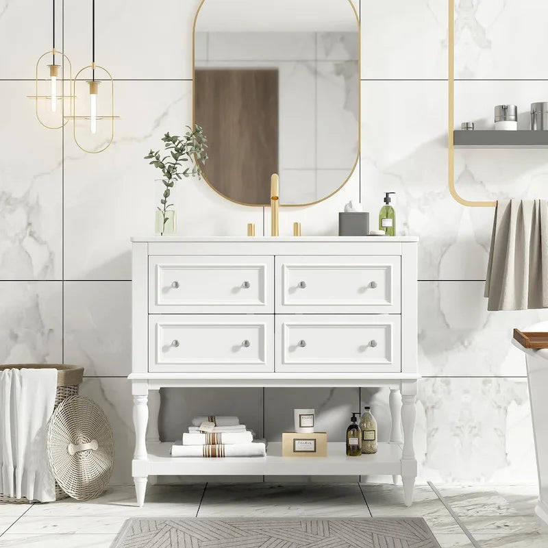 Meuble-lavabo autoportant de 36 po avec lavabo, 4 tiroirs, blanc/beige/noir