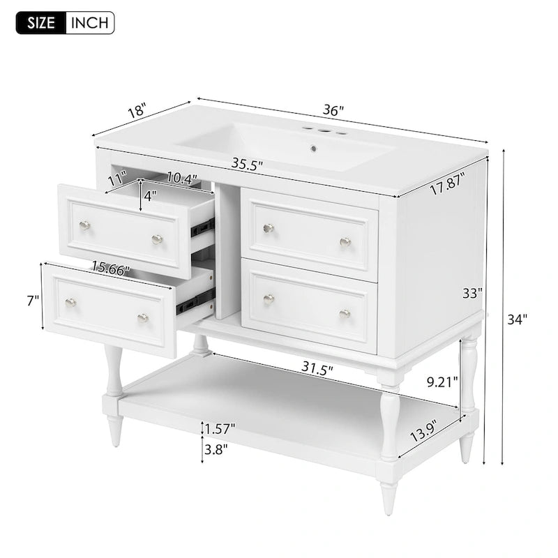 Meuble-lavabo autoportant de 36 po avec lavabo, 4 tiroirs, blanc/beige/noir