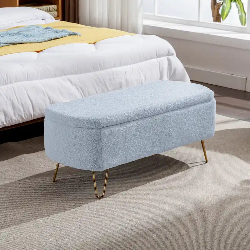 Banc ottoman de rangement plissé bleu avec pieds dorés – 2 places