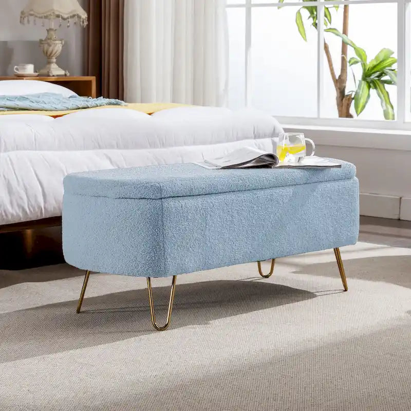 Banc ottoman de rangement plissé bleu avec pieds dorés – 2 places