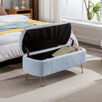 Banc ottoman de rangement plissé bleu avec pieds dorés – 2 places
