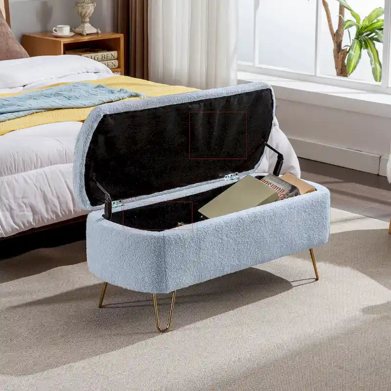 Banc ottoman de rangement plissé bleu avec pieds dorés – 2 places