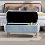 Banc ottoman de rangement plissé bleu avec pieds dorés – 2 places