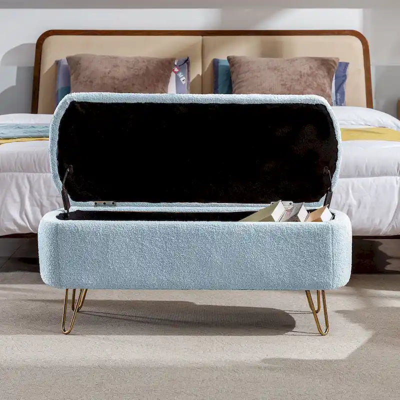 Banc ottoman de rangement plissé bleu avec pieds dorés – 2 places