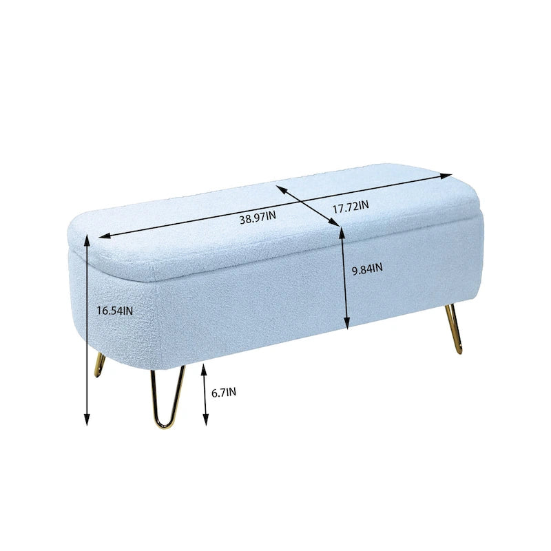 Banc ottoman de rangement plissé bleu avec pieds dorés – 2 places