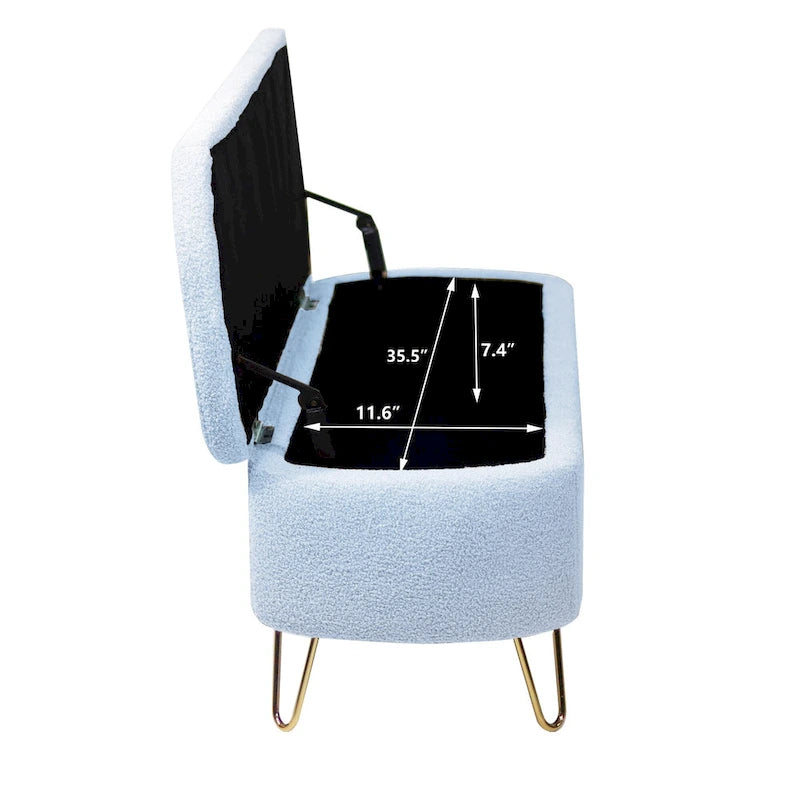 Banc ottoman de rangement plissé bleu avec pieds dorés – 2 places