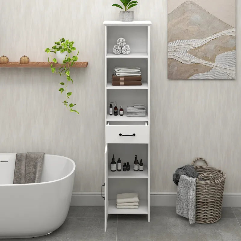 Meuble de rangement blanc sur pied, 1 porte et 1 tiroir, 1 personne