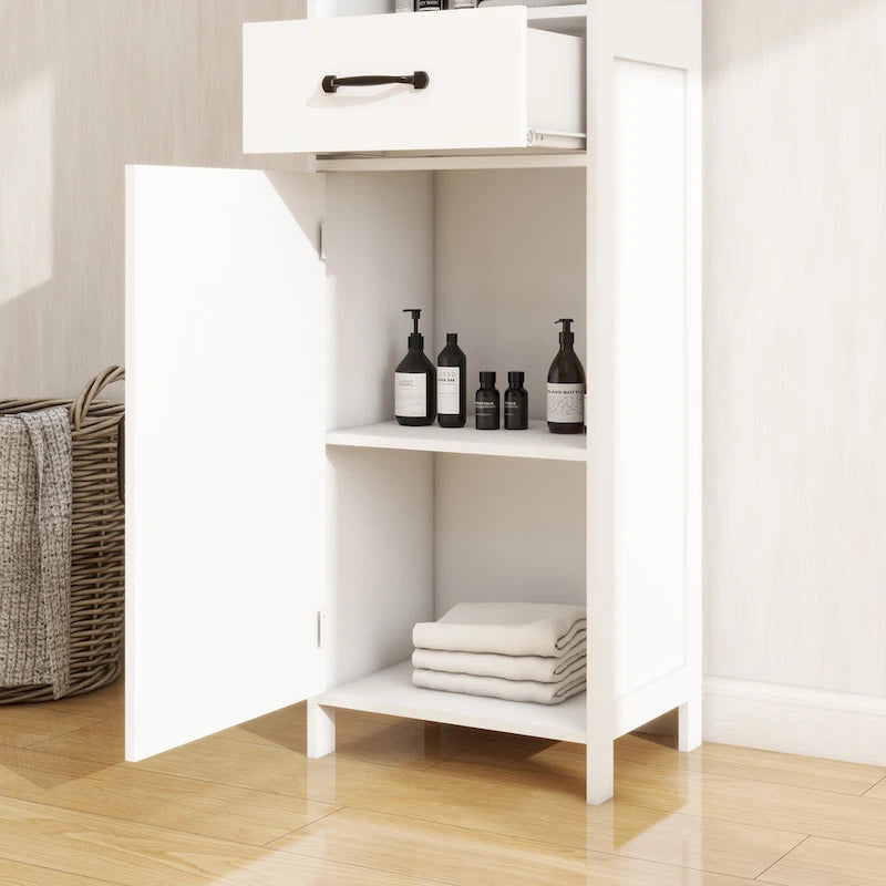 Meuble de rangement blanc sur pied, 1 porte et 1 tiroir, 1 personne