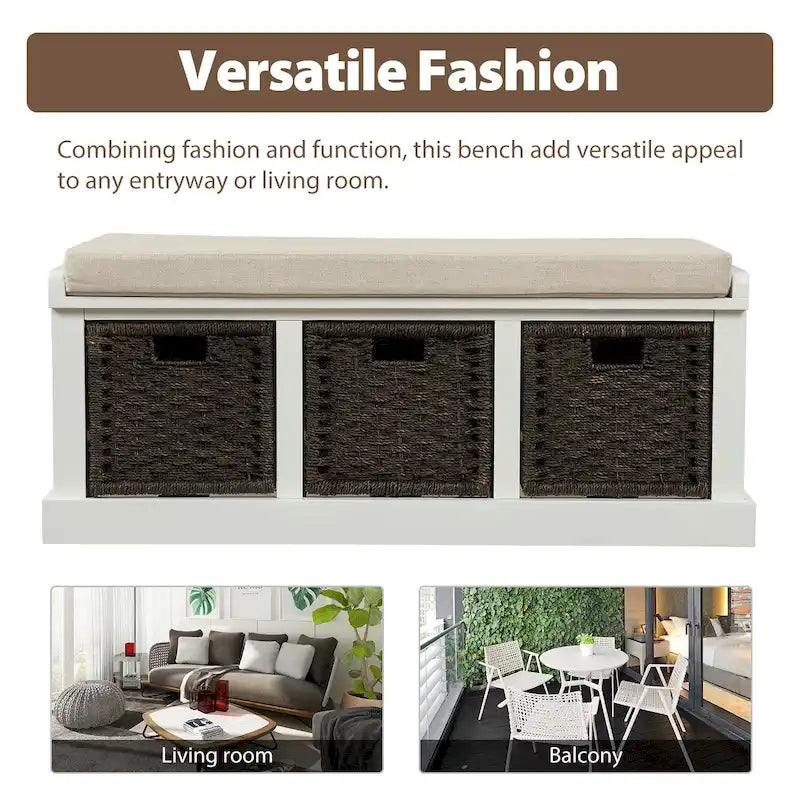 Banc de rangement rustique avec 3 paniers en rotin, 1 place - Blanc / Bleu marine antique / Blanc délavé / Expresso