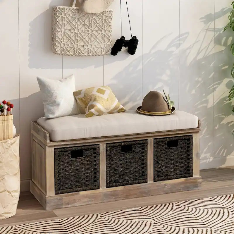 Banc de rangement rustique avec 3 paniers en rotin, 1 place - Blanc / Bleu marine antique / Blanc délavé / Expresso