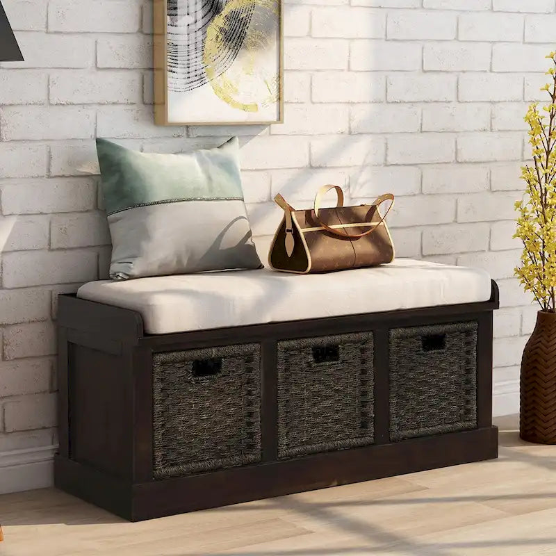 Banc de rangement rustique avec 3 paniers en rotin, 1 place - Blanc / Bleu marine antique / Blanc délavé / Expresso