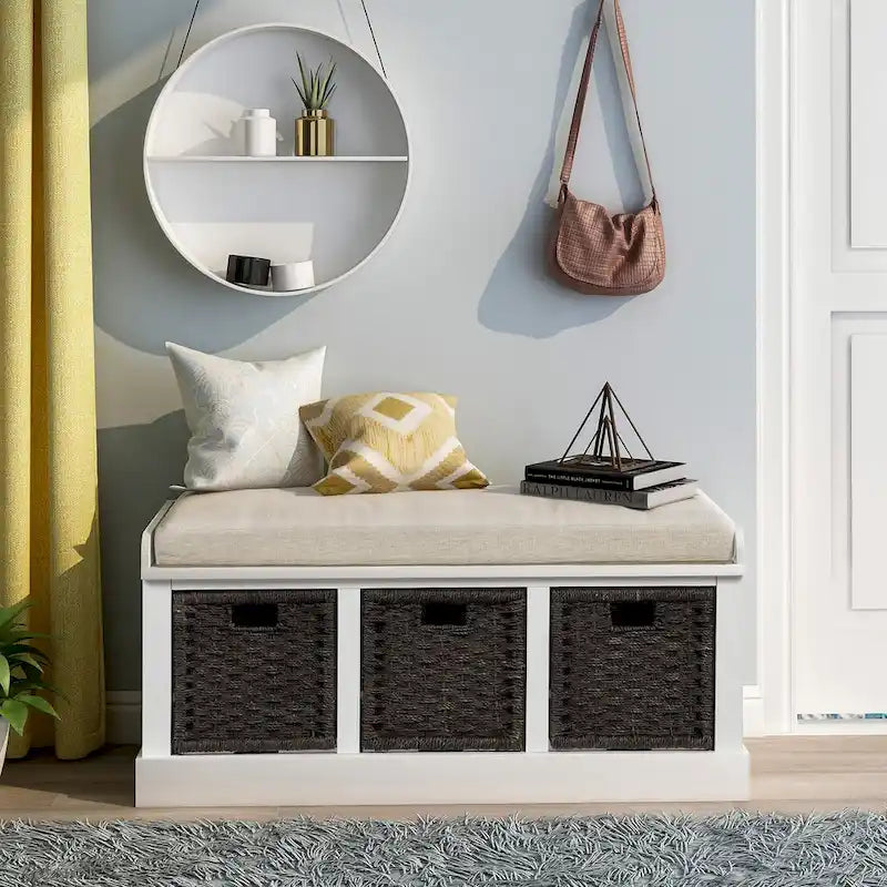 Banc de rangement rustique avec 3 paniers en rotin, 1 place - Blanc / Bleu marine antique / Blanc délavé / Expresso