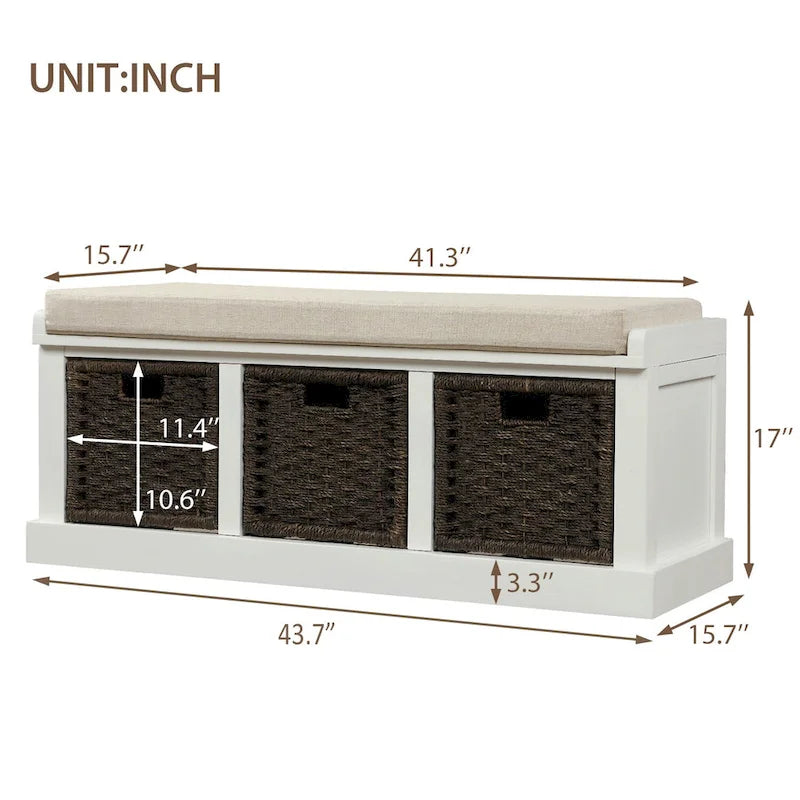 Banc de rangement rustique avec 3 paniers en rotin, 1 place - Blanc / Bleu marine antique / Blanc délavé / Expresso