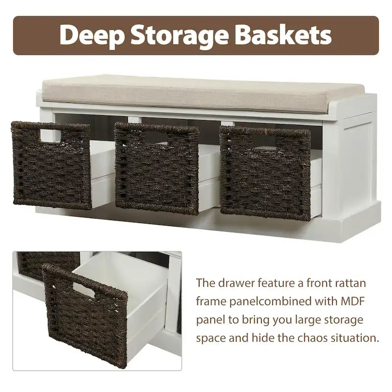 Banc de rangement rustique avec 3 paniers en rotin, 1 place - Blanc / Bleu marine antique / Blanc délavé / Expresso