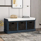Banc de rangement rustique avec 3 paniers en rotin, 1 place - Blanc / Bleu marine antique / Blanc délavé / Expresso