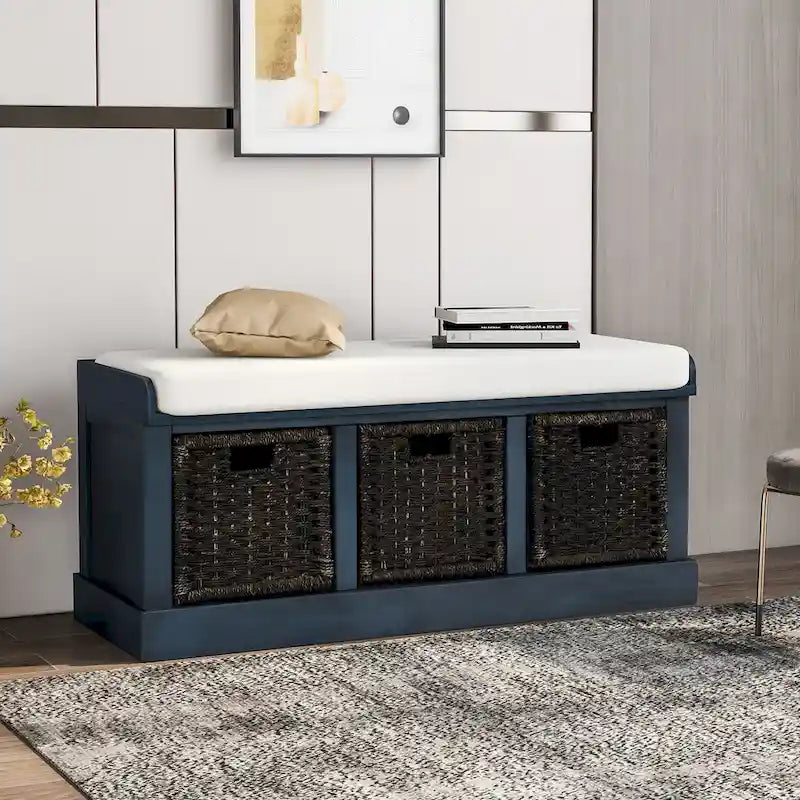 Banc de rangement rustique avec 3 paniers en rotin, 1 place - Blanc / Bleu marine antique / Blanc délavé / Expresso