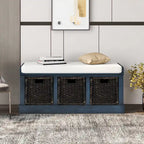 Banc de rangement rustique avec 3 paniers en rotin, 1 place - Blanc / Bleu marine antique / Blanc délavé / Expresso