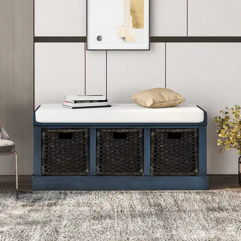 Banc de rangement rustique avec 3 paniers en rotin, 1 place - Blanc / Bleu marine antique / Blanc délavé / Expresso