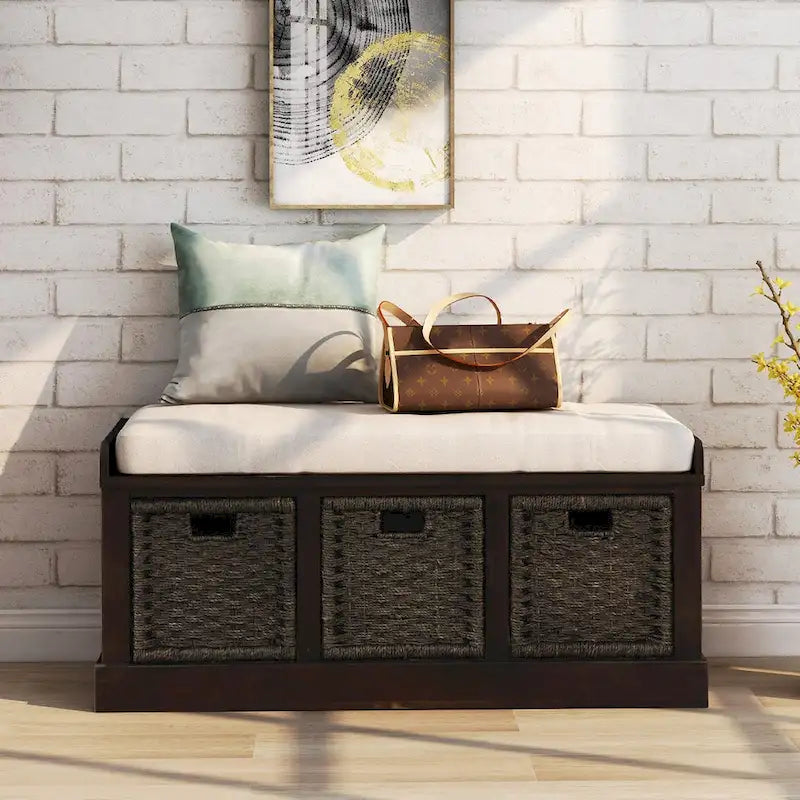 Banc de rangement rustique avec 3 paniers en rotin, 1 place - Blanc / Bleu marine antique / Blanc délavé / Expresso