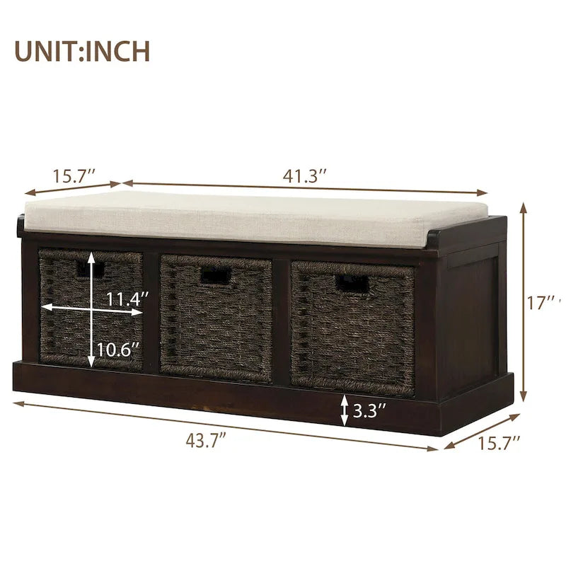 Banc de rangement rustique avec 3 paniers en rotin, 1 place - Blanc / Bleu marine antique / Blanc délavé / Expresso