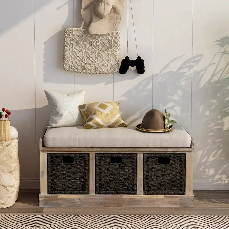 Banc de rangement rustique avec 3 paniers en rotin, 1 place - Blanc / Bleu marine antique / Blanc délavé / Expresso
