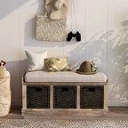 Banc de rangement rustique avec 3 paniers en rotin, 1 place - Blanc / Bleu marine antique / Blanc délavé / Expresso