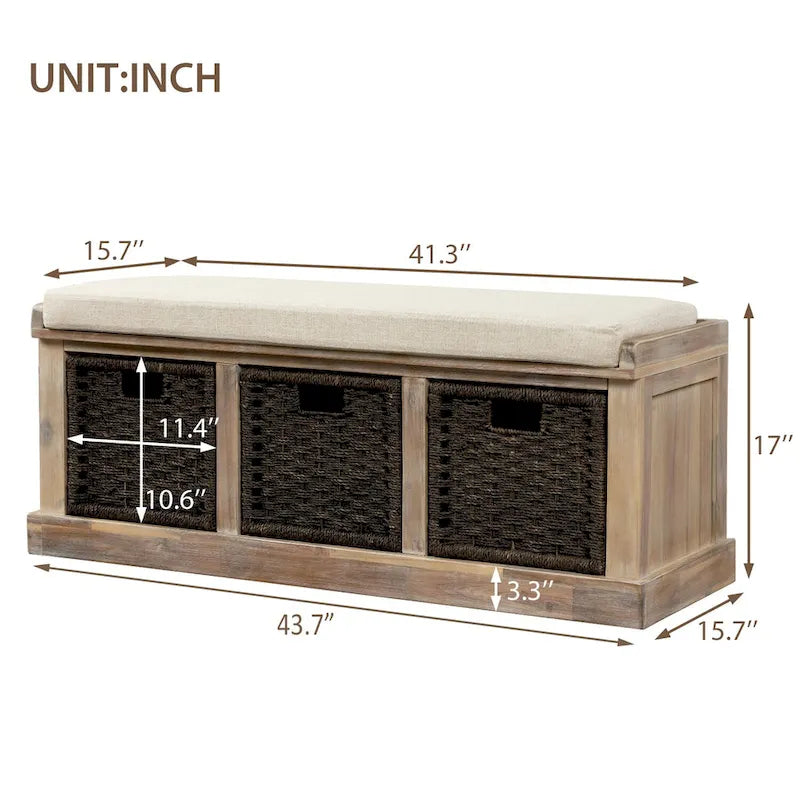 Banc de rangement rustique avec 3 paniers en rotin, 1 place - Blanc / Bleu marine antique / Blanc délavé / Expresso