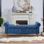 Banc de rangement capitonné bleu/beige – 2 places, accoudoirs arrondis