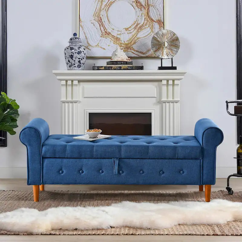 Banc de rangement capitonné bleu/beige – 2 places, accoudoirs arrondis