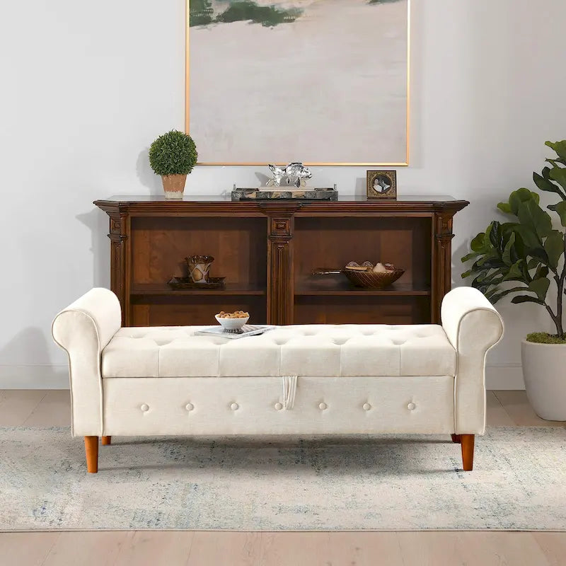 Banc de rangement capitonné bleu/beige – 2 places, accoudoirs arrondis