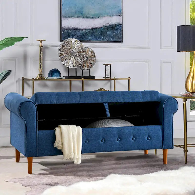 Banc de rangement capitonné bleu/beige – 2 places, accoudoirs arrondis