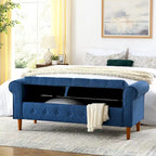 Banc de rangement capitonné bleu/beige – 2 places, accoudoirs arrondis