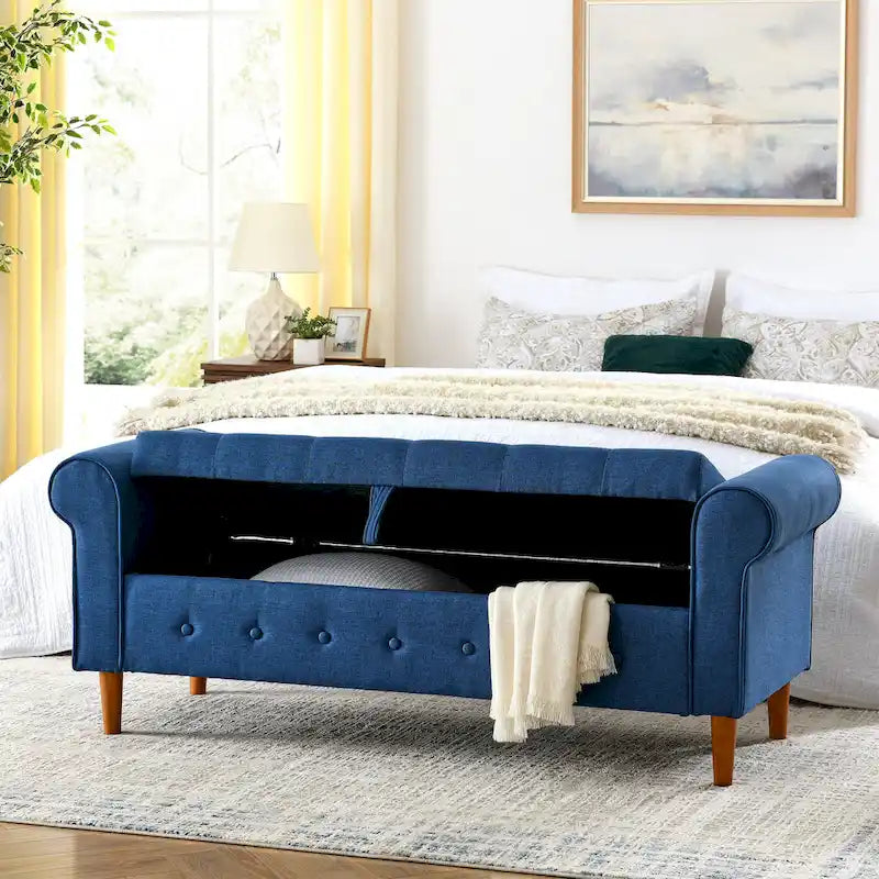 Banc de rangement capitonné bleu/beige – 2 places, accoudoirs arrondis