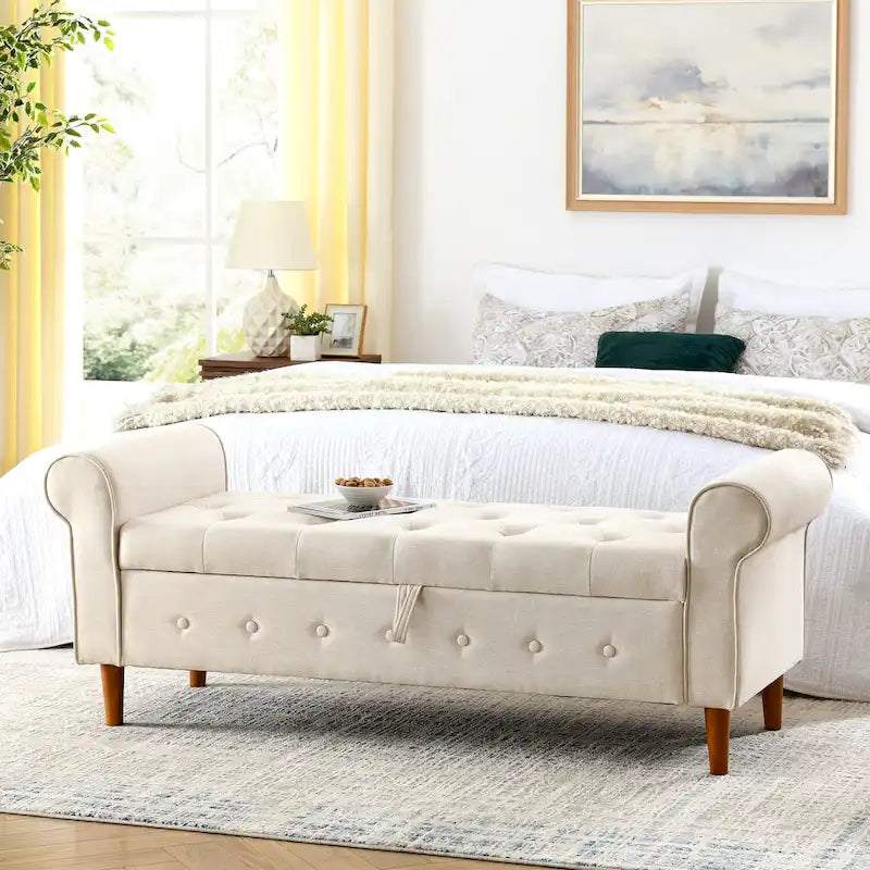 Banc de rangement capitonné bleu/beige – 2 places, accoudoirs arrondis