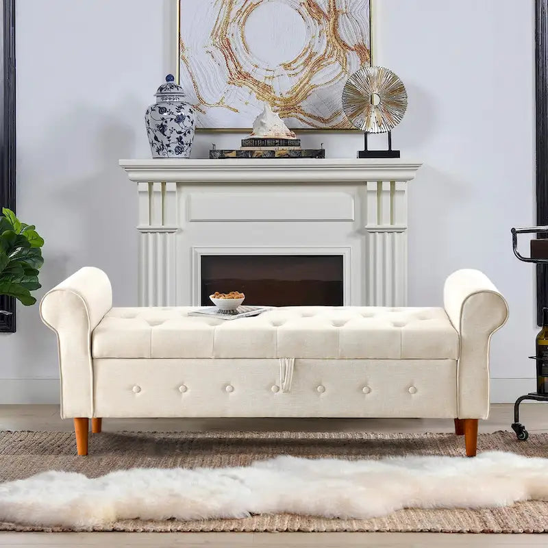 Banc de rangement capitonné bleu/beige – 2 places, accoudoirs arrondis