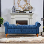 Banc de rangement capitonné bleu/beige – 2 places, accoudoirs arrondis