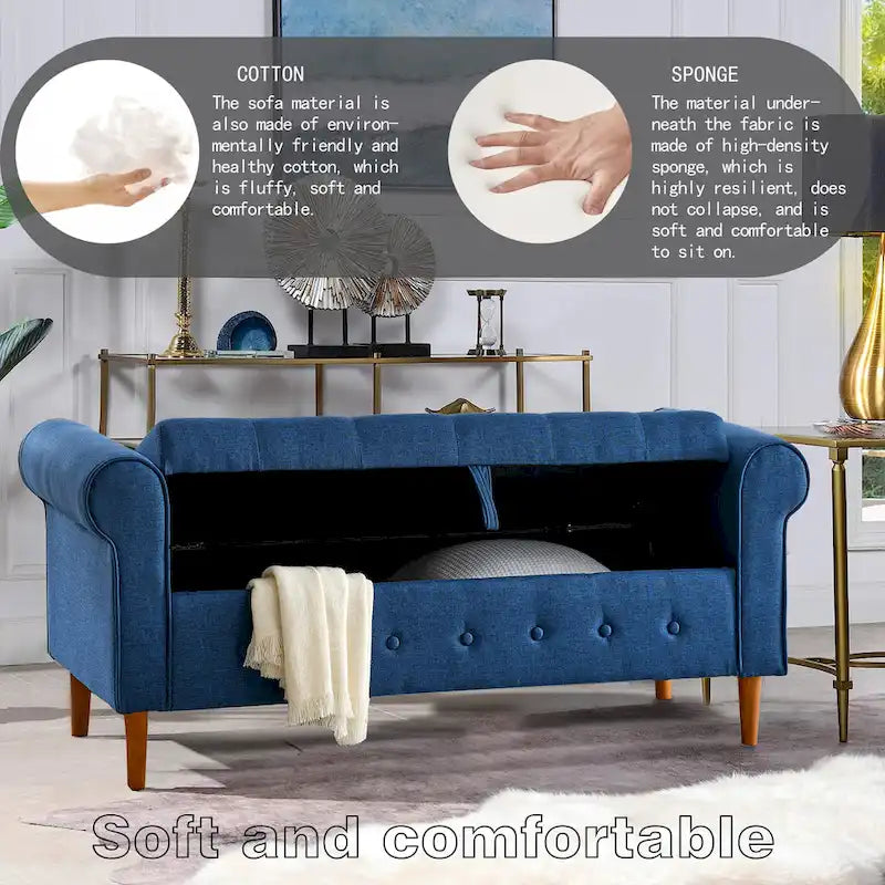 Banc de rangement capitonné bleu/beige – 2 places, accoudoirs arrondis