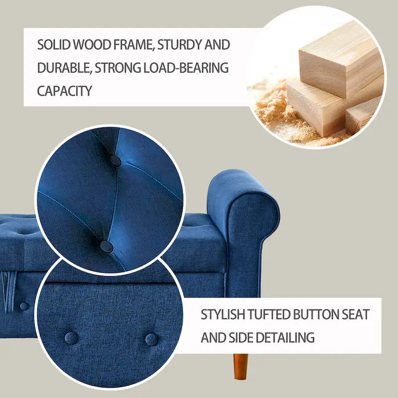 Banc de rangement capitonné bleu/beige – 2 places, accoudoirs arrondis