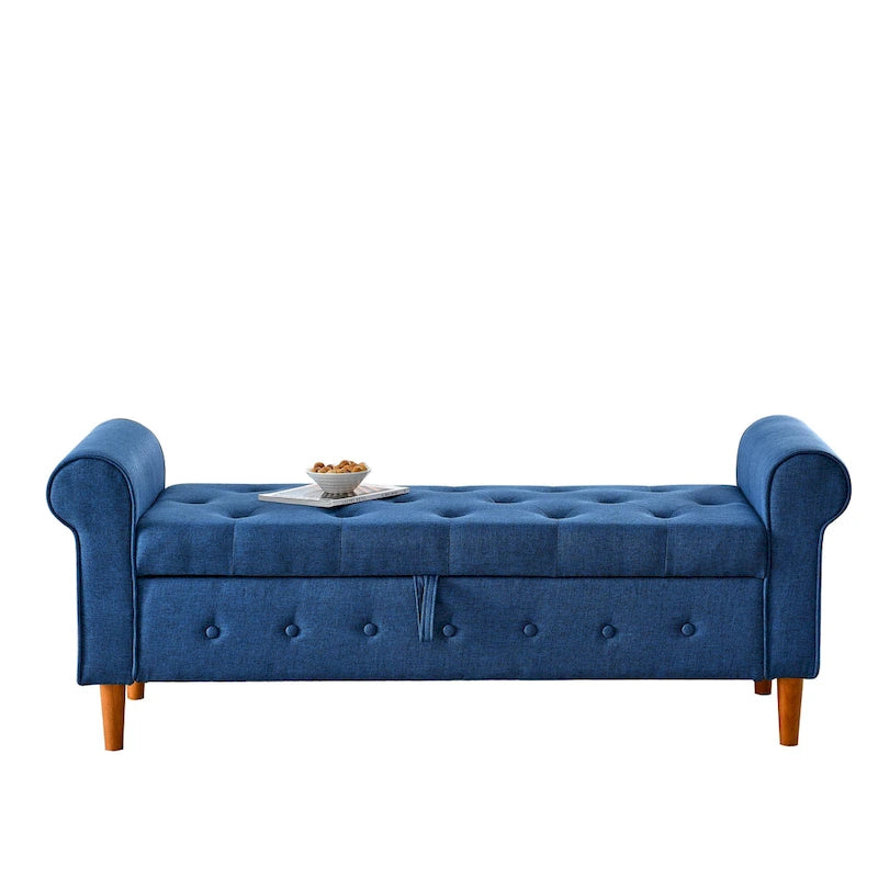 Banc de rangement capitonné bleu/beige – 2 places, accoudoirs arrondis