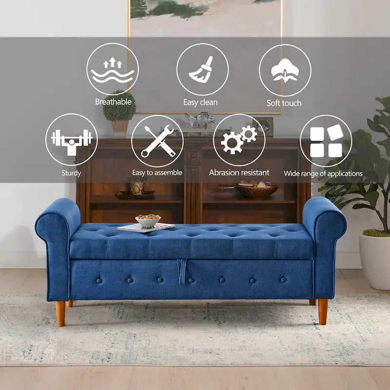 Banc de rangement capitonné bleu/beige – 2 places, accoudoirs arrondis