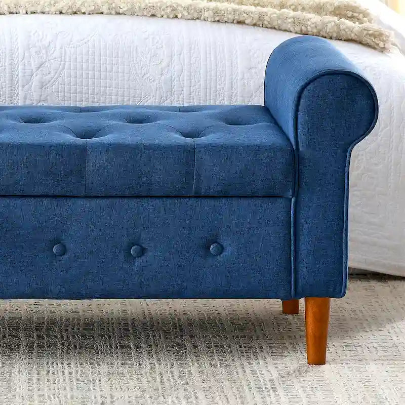 Banc de rangement capitonné bleu/beige – 2 places, accoudoirs arrondis