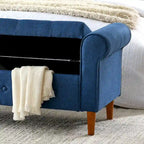 Banc de rangement capitonné bleu/beige – 2 places, accoudoirs arrondis