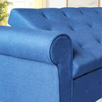 Banc de rangement capitonné bleu/beige – 2 places, accoudoirs arrondis