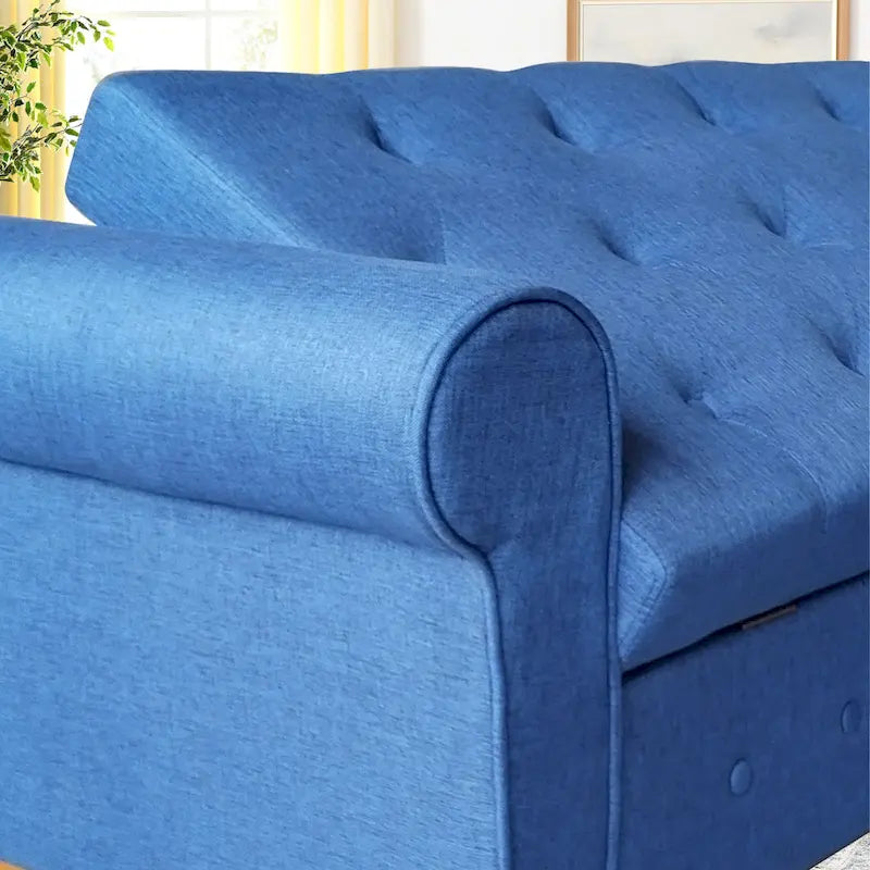 Banc de rangement capitonné bleu/beige – 2 places, accoudoirs arrondis